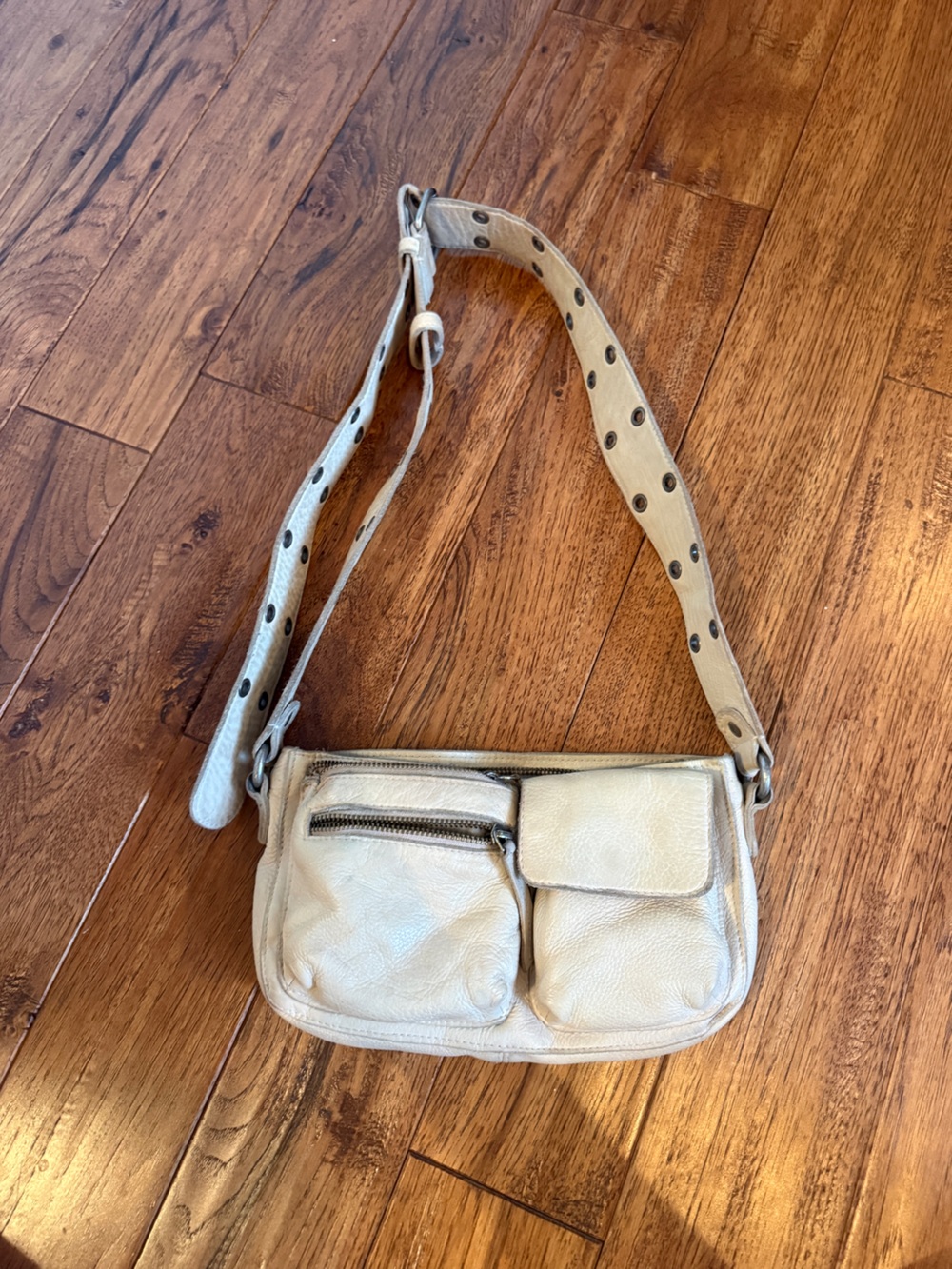 Light Beige Leather Crossbody Bag with Studded Strap Free People